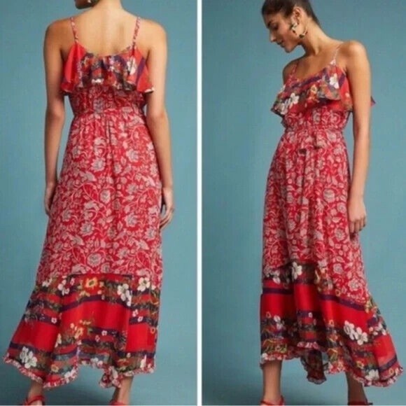 Anthropologie One September Women Red Floral Maxi Summer Dress Belted  M - Picture 1 of 6